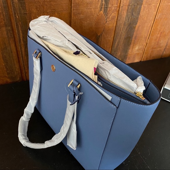 Tory Burch Robinson Saffiano Leather Tote Bluewood - Picture 9 of 11